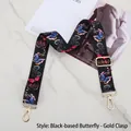 Close-up of ethnic butterfly pattern wide strap with premium gold metal hardware buckles - Black Background Butterfly - Gold Buckle