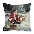 Merry Christmas peach skin pillow featuring Santa Claus feeding a reindeer in a snowy forest - Santa Claus and Reindeer