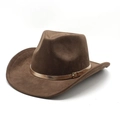 Classic dark brown suede western cowboy hat with wide belt buckle and upturned brim - M (56-58cm) / Brown