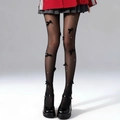 Detail of black lolita tights featuring velvet bows and white pearls accents - One Size / Black Pantyhose - Black Bow