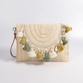 Beige straw envelope bag with colorful tassels, faux pearls, and a leather strap - 28*20cm / Green Tassel Beige (With Shoulder Strap)