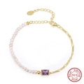 S925 sterling silver pearl bracelet with a rectangular purple gemstone and gold chain - Purple Gemstone Patchwork (GPB24-Gold)