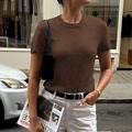 Women's short sleeve knit T-shirt in brown color, styled with white trousers and black belt - S / Coffee