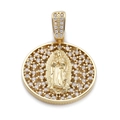 Gold plated Virgin Mary pendant with cubic zirconia inlay and hollow mesh design - CX116-1