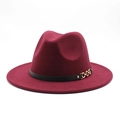 Close-up of maroon wool fedora hat with black leather strap and gold chain detail - M (56-58cm) / Burgundy
