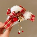 Elegant red plaid bow hair clip with white plush ball and hanging bead tassels - #2 Clamp - Red (bow)