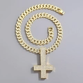 Luxurious gold iced out inverted cross pendant necklace with sparkling Cuban link chain - Inverted Cross Pendant + Watch Buckle Cuban Chain / Gold