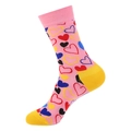 Chaussettes roses en coton avec motifs cœurs colorés et talon et pointe jaunes - 961-Cœur Rose