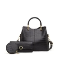 Black 3-piece bag set with crocodile pattern embossing and gold-tone metal hardware - Black
