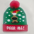 Detail of Christmas knitted hat with LED lights featuring reindeer patterns and DEER ME text - Emerald Green Cute