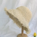 Handmade beige straw sun hat for women featuring a stylish frayed fringe brim design - L (58-60cm) / Long Frayed Edge Beige