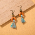 Bohemian long tassel earrings with wooden ring and colorful fringe in retro style - Wood Tassel / Orange Brown Multicolor