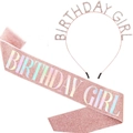 Rose gold Birthday Girl set featuring a sparkling glitter sash and rhinestone tiara - Headband Sash Set / Rose Gold Headband + Rose Gold Holographic Sash Set