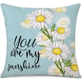 Linen sunflower pillow cover in light blue with white daisy and You are my sunshine text - 45x45cm Pillow Cover / Blue You Are My Sunshine Daisy-4 (24ym005-4)