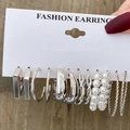 Set of 6 pairs of silver alloy earrings featuring pearls and geometric hoop designs - 6 Pairs Set-Silver Pearl Geometric Twist