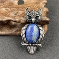 Vintage owl pendant brooch with oval blue lapis lazuli in retro silver finish - Lapis Lazuli