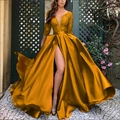 Robe de soirée dorée à paillettes avec manches longues et fente haute sexy - 2XL / Jaune Gingembre