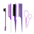 Purple 6-piece hair styling tool set with combs and brushes on a white background - Purple 6-Piece Set
