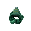 Détail d'un chouchou en velours vert avec sapin en peluche et broderie Merry Christmas - Noël arbre