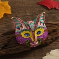 Vintage cat-shaped brooch with colorful enamel and sparkling rhinestones on wood - Japanese Style Painted Big Cat Head / Pink Purple