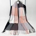 Thick autumn winter scarf with grey, pink, and white plaid pattern and tassel fringe - Pink and Black Plaid