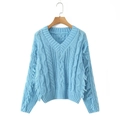 Light blue V-neck chunky knit sweater with cable pattern and fringe tassels on sleeves - S / Sky Blue