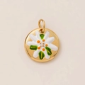 Detail of 18K gold plated edelweiss flower pendant with white enamel and orange center - Single Pendant (No Chain) / Disc Flower (Life Savers Style)