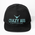 Black cotton flat brim hat with light blue embroidery of Crazy Ass Cattle Co and bull logo - Adjustable / Black