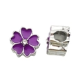 Silberne Charm-Perle mit lila Emaille-Blütenblättern und funkelndem Kristall - Strass-Blumen-Großlochperle