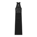 Elegante zwarte maxi-jurk met halternek, kanten details en een slanke, moderne pasvorm - S / Zwart