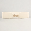 Detail of beige elastic waist belt with a polished gold circular interlocking buckle - Off White