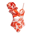 One-shoulder ruffled swimsuit with orange leaf print and stylish waist cutout detail - S / Orange Floral Swimsuit Only