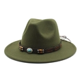 Detail of dark green fedora hat featuring brown leather band with turquoise stone accents - M (56-58cm) / Army Green