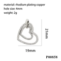 Détail d'un pendentif cœur évidé avec zircons affichant les dimensions 21 mm par 19 mm - P00858-Double Coeur Imbriqué Argent