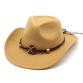 Detail of khaki cowboy hat felt texture with braided band and sunflower ornament - Camel