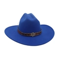 Chapeau de jazz en feutre bleu royal avec ruban en cuir marron et rivets en métal - Large Bord Grande Décoration d'Engrenage / Bleu Royal