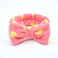 Soft pink coral fleece headband with yellow polka dots and a large bow tie - Yellow Polka Dot Watermelon Red