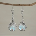 Leaf design long drop earrings with moonstone and silver vine wire wrapping style - Hand-wired Leaf Style / Silver