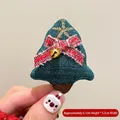 Handmade knitted Christmas tree brooch with golden star and red checkered bow detail - Bell Bow Xmas Tree
