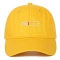 Close-up of bright yellow cotton baseball cap featuring 1% low battery embroidery - Adjustable / Yellow