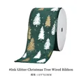 63mm dark green wired ribbon with gold and white Christmas tree patterns for gift wrapping - Dark Green Gold Glitter Christmas Tree