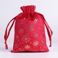 Red velvet Christmas drawstring gift bag with gold snowflake pattern for holiday party - Red Snowflake / 13*18