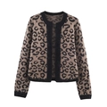 Women's leopard print open front knit cardigan with black ribbed edges for autumn winter - S / Brown