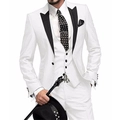 Men's white three-piece suit with black peak lapels for formal banquets and weddings - White