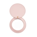 Minimalist pink PU leather portable makeup mirror with gold snap closure on white background - Pink-2