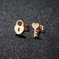 Asymmetric rose gold heart lock and key stud earrings in polished stainless steel - Heart Lock & Key / Rose Gold