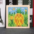 Kids wooden jigsaw puzzle featuring cartoon yellow pineapple and green cactus patterns - Pineapple