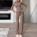 Women's chic two-piece set featuring brown short sleeve T-shirt and casual straight trousers - S / Camel
