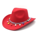 Chapeau de cowboy rouge en laine avec ruban ethnique et franges à pompons colorés - M (56-58cm) / Rouge