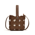 Caramel brown woven hollow bucket bag with cream canvas drawstring insert and top handle - Small / Brown